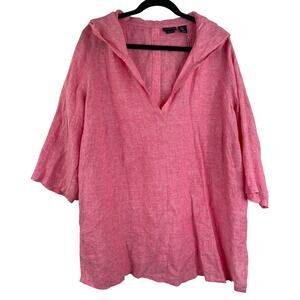 Tahari 100% Linen Pink Hooded V-neck Tunic Blouse Women's 1X
